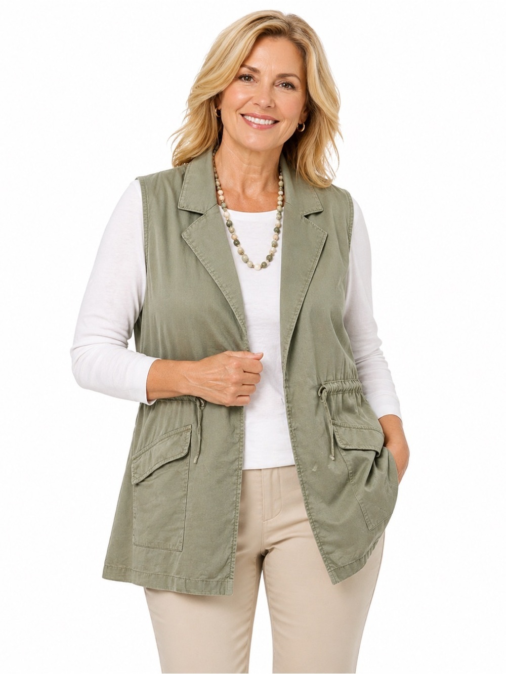 Talbots Utility Vest Small Petite Sage Drawstring Waist Pockets Canvas Hiking